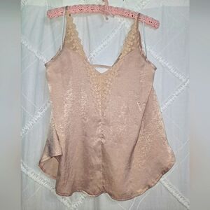 Allie Rose Sz LG Lace Camisole Tank Top Satin Brush Taupe Beige Rose